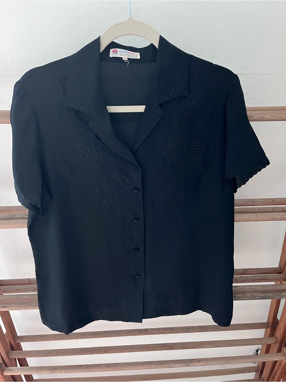 Vintage Black Peony Silk Hand-Embroidered Short-Sleeve Blouse